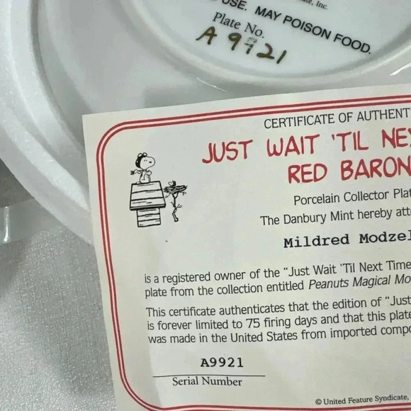 The Peanuts‎ Danbury Mint- Red Baron with Authenticity certificate Vintage plate - Picture 5 of 5